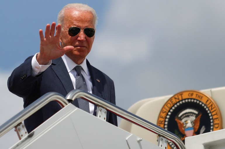 U.S. President Joe Biden boards Air Force One at Joint Base Andrews
