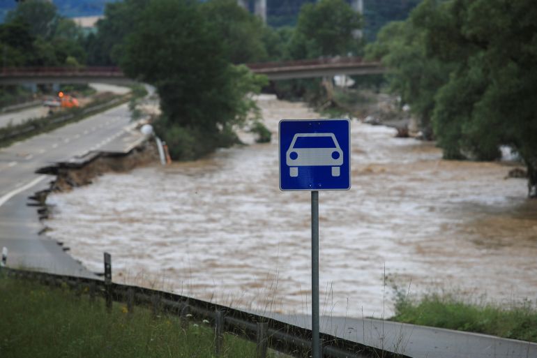A destroyed road is seen on a flood-affected area in Bad Neuenahr-Ahrweiler