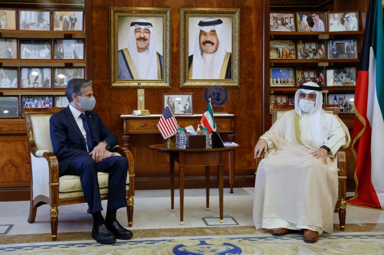 Kuwaiti Foreign Minister Sheikh Ahmad Nasser Al-Mohammad Al-Sabah welcomes U.S. Secretary of State Blinken in Kuwait City
