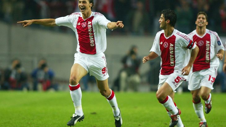 Zlatan Ibrahimovic of Ajax AMSTERDAM - 17 SEPTEMBER: Zlatan Ibrahimovic of Ajax celebrates his goal during the UEFA Champions League First Phase Group D match between Ajax and Lyon at the Amsterdam ArenA in Amsterdam on September 17, 2002. Ajax won 2-1. (photo by Ben Radford/Getty Images)