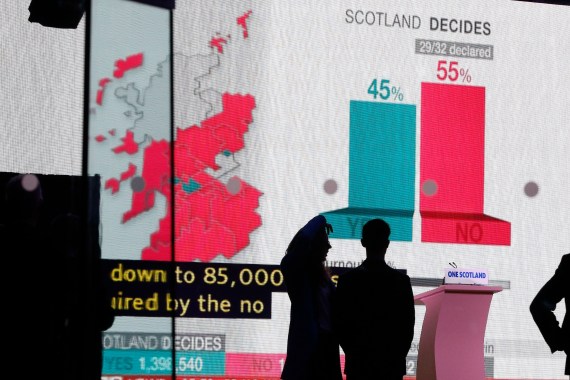 A screen displays the results of the Scottish vote on independence, in Edinburgh, Scotland