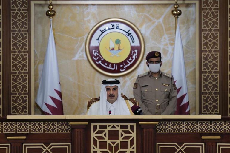 Qatar's ruler, Emir Sheikh Tamim bin Hamad al-Thani, gives a speech to the Shura Council in Doha