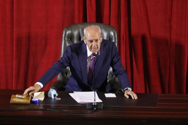 Lebanese Parliament Speaker Nabih Berri heads a legislative session, as Lebanon's parliament approved a law that paves the way for the government to ink deals for coronavirus vaccinations, at UNESCO Palace in Beirut