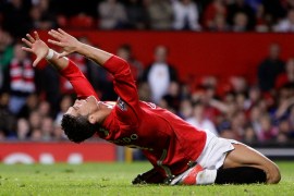 Manchester United's Ronaldo reacts during their English Premier League soccer match against Portsmouth in Manchester