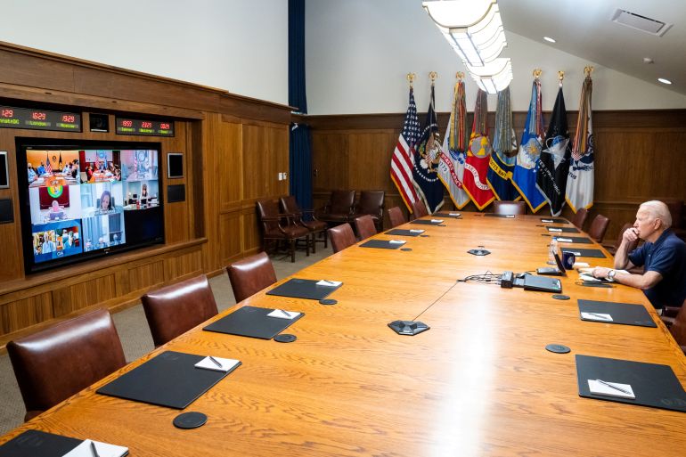 Handout photo of U.S. President Joe Biden during a meeting on the situation in Kabul