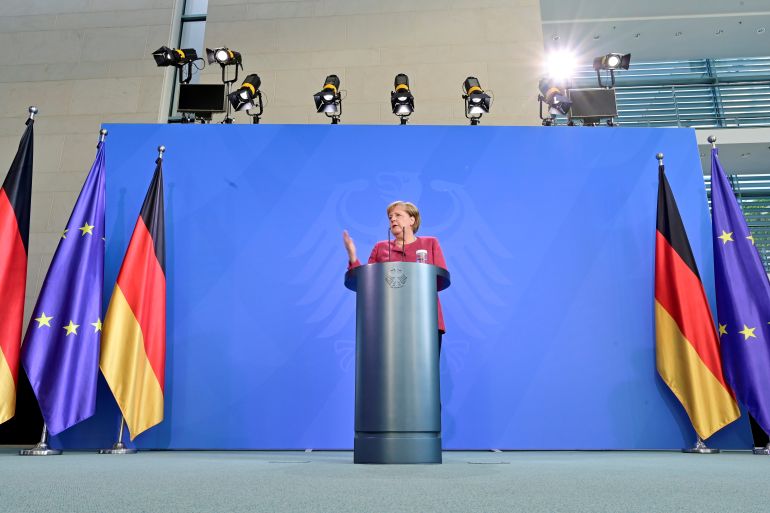 German Chancellor Angela Merkel delivers a news conference in Berlin