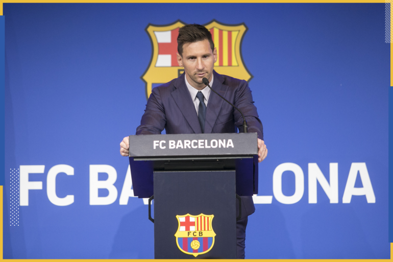Press conference of Lionel Messi- - BARCELONA, SPAIN - AUGUST 08: FC Barcelona Argentinian forward Lionel Messi during the press conference explaining about his farewell from the FC. Barcelona at the Camp Nou stadium in Barcelona, Spain, August 08, 2021.