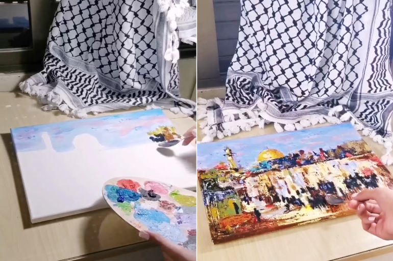 فنانة فلسطينية ترسم لوحة بواسطة الملعقة للمسجد الأقصى تضامناً واحتفاء بأسرى نفق الحرية