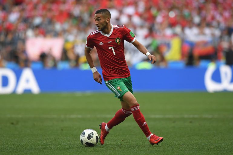 Portugal v Morocco: Group B - 2018 FIFA World Cup Russia MOSCOW, RUSSIA - JUNE 20: Morocco player Hakim Ziyach in action during the 2018 FIFA World Cup Russia group B match between Portugal and Morocco at Luzhniki Stadium on June 20, 2018 in Moscow, Russia. (Photo by Stu Forster/Getty Images)