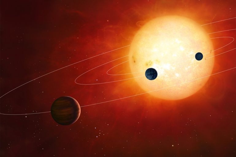 Artwork of a hypothetical planetary system around a sun-like star. The planetary system includes rocky and gaseous planets in tight orbits.