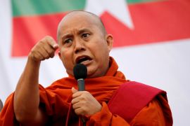 Myanmar Buddhist monk Wirathu speaks at a rally against constitution change in Yangon