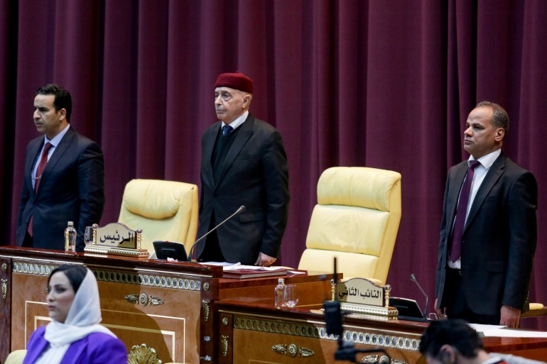 Parliament head Aguila Saleh attends a session to discuss approving new government, in Sirte