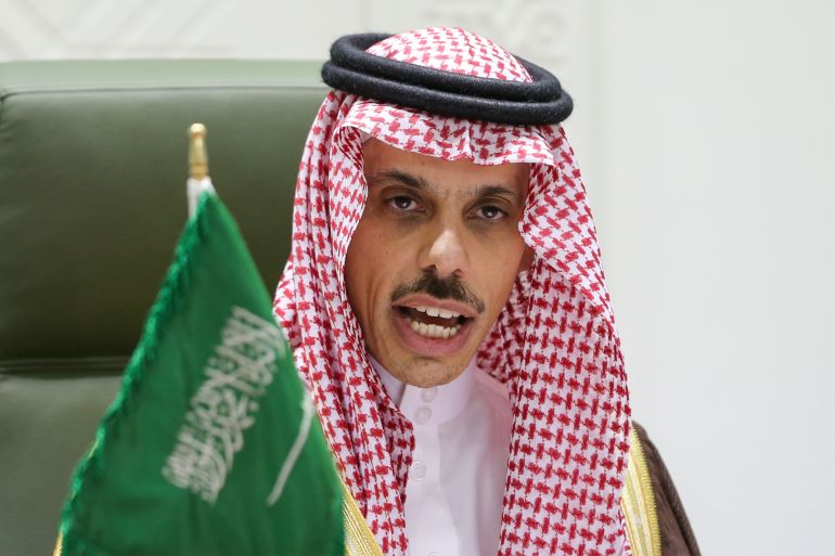 Saudi Arabia's Foreign Minister Prince Faisal bin Farhan Al Saud speaks during a news conference in Riyadh