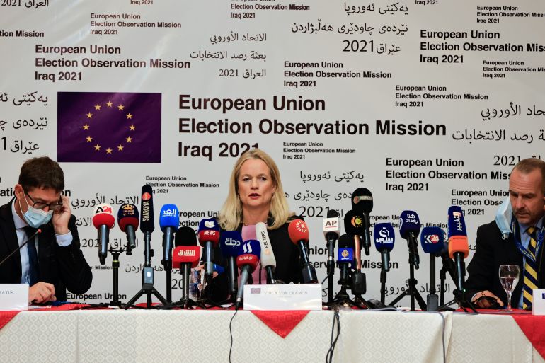 Viola Von Cramon, The EU EOM Chief of the European Union Election Observation Mission to the Republic of Iraq, speaks during a news conference in Baghdad