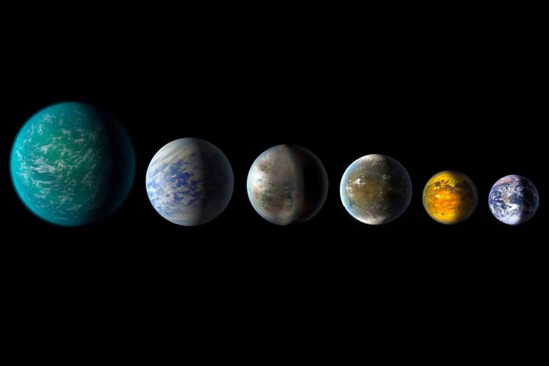 A newly discovered exoplanet, Kepler-452b, comes the closest of any found so far to matching our Earth-sun system. This artist's conception of a planetary line-up shows habitable-zone planets with similarities to Earth: from left, Kepler-22b, Kepler-69c, the just announced Kepler-452b, Kepler-62f and Kepler-186f. Last in line is Earth itself. (Photo by: Universal History Archive/ Universal Images Group via Getty Images)