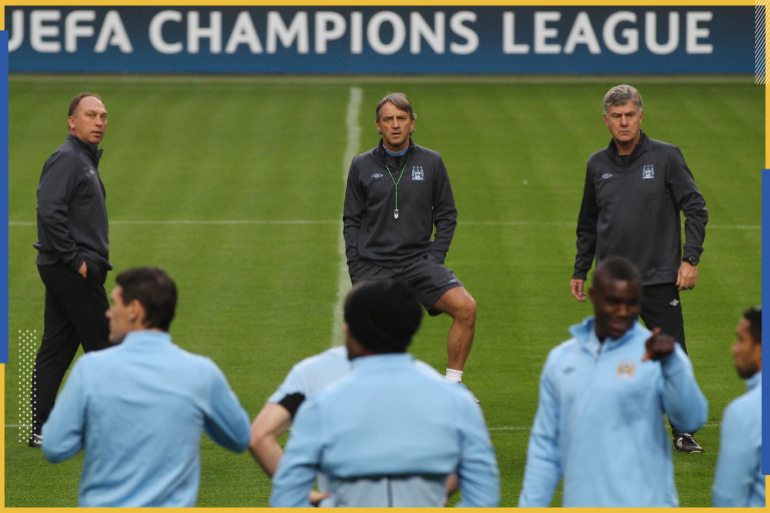 Football - Manchester City Training - Amsterdam ArenA, Amsterdam, Holland - 23/10/12 Manchester City manager Roberto Mancini (C), assistant manager Brian Kidd (R) and first team coach David Platt during training Mandatory Credit: Action Images / Paul Childs Livepic