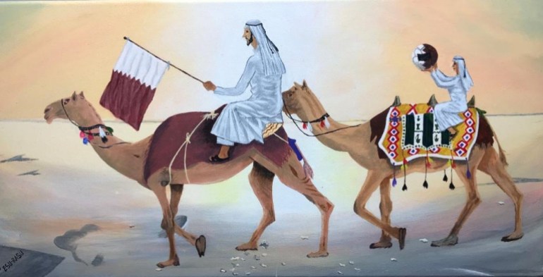 الفنان الاثيوبي تيزازو بين يمزج التراث القطري بالمونديال (الجزيرة نت)