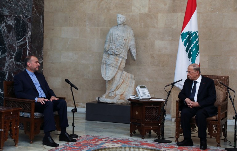 Lebanon's President Michel Aoun meets with Iranian Foreign Minister Hossein Amirabdollahian at the presidential palace in Baabda, Lebanon October 7, 2021. REUTERS/Mohamed Azakir