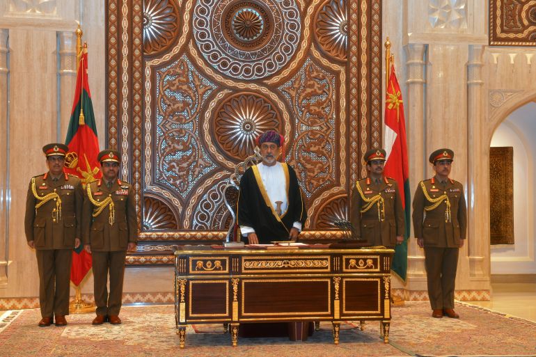 Sultan Haitham bin Tariq al-Said is sworn in before the royal family council in Muscat