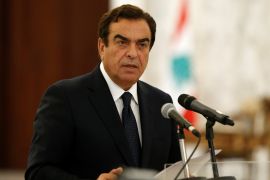 Lebanon's Information Minister George Kordahi speaks at the presidential palace in Baabda