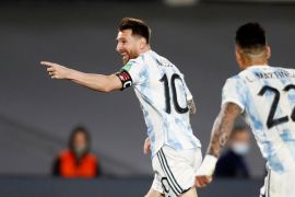 World Cup - South American Qualifiers- Argentina v Uruguay Soccer Football - World Cup - South American Qualifiers - Argentina v Uruguay - El Monumental, Buenos Aires, Argentina - October 10, 2021 Argentina's Lionel Messi celebrates scoring their first goal REUTERS/Agustin Marcarian