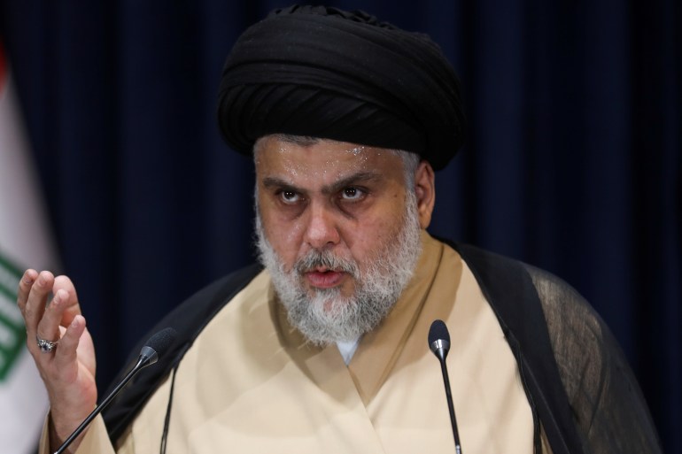 Iraqi Shi'ite cleric Muqtada al-Sadr speaks after preliminary results of Iraq's parliamentary election were announced