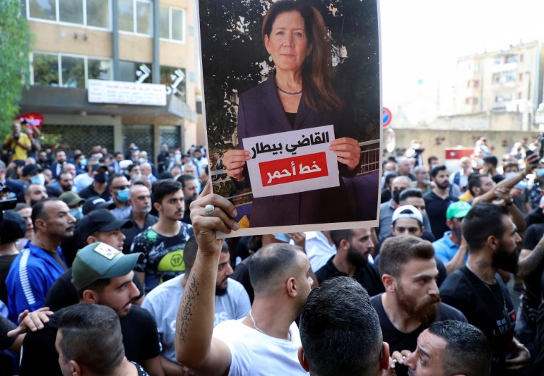 A protest against the lead judge of the Beirut port blast investigation, in Beirut