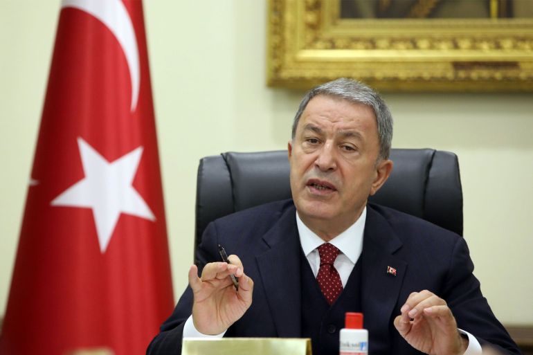 Defense Minister Hulusi Akar attends a videoconference meeting with Turkish military officials in Ankara, Turkey, May 29, 2020. (AA File Photo)