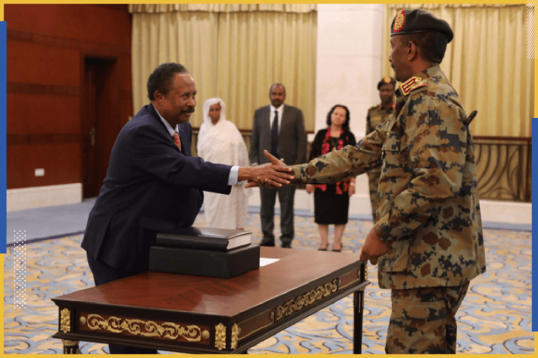 epa07784903 Sudan's new Prime Minister Abdalla Hamdok (L) shakes hands with Abdel Fattah Abdelrahman Burhan (R) after being sworn in during a ceremony at the presidential palace in Khartoum, Sudan, 21 August 2019. The Sudanese opposition and military council signed on 17 August a power sharing agreement. The agreement sets up a sovereign council made of five generals and six civilians, to rule the country until general elections. Protests had erupted in Sudan in December 2018, culminating in a long sit-in outside the army headquarters which ended with more than one hundred people being killed and others injured. Sudanese President Omar Hassan al-Bashir stepped down on 11 April 2019. EPA-EFE/MARWAN ALI