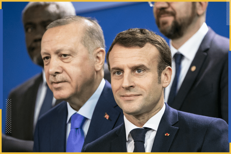 BERLIN, GERMANY - JANUARY 19: French President Emmanuel Macron (R) and Turkish President Recep Tayyip Erdogan (L) are pictured during a family picture at the Chancellery on January 19, 2020 in Berlin, Germany. Leaders of nations and organizations linked to the current conflict are meeting to discuss measures towards reaching a consensus between the warring sides and ending hostilities. (Photo by Emmanuele Contini/Getty Images)
