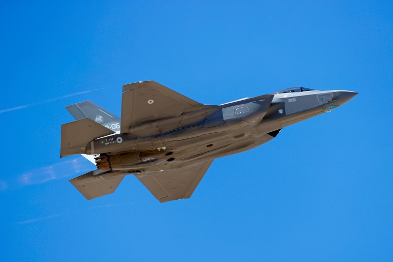 An Italian air force F-35 takes off during the "Blue Flag" multinational air defence exercise at the Ovda air force base, north of the Israeli city of Eilat, on October 24, 2021. - Israel is holding its largest-ever air force exercise this week, joined by several Western countries and India, with the United Arab Emirates air force chief visiting the drills. (Photo by JACK GUEZ / AFP)
