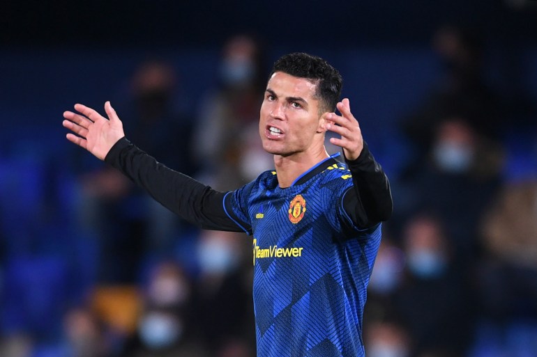 Villarreal CF v Manchester United: Group F - UEFA Champions League VILLARREAL, SPAIN - NOVEMBER 23: Cristiano Ronaldo of Manchester United reacts during the UEFA Champions League group F match between Villarreal CF and Manchester United at Estadio de la Ceramica on November 23, 2021 in Villarreal, Spain. (Photo by Aitor Alcalde/Getty Images)