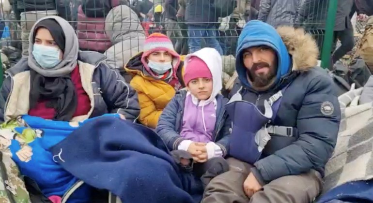 Taman's father, Sangar, speaks about his family's situation, at a migrants' camp near Bruzgi-Kuznica checkpoint on the Belarusian-Polish border, in Grodno District, Belarus, November 15, 2021, in this still image obtained from a social media video by Reuters on November 16, 2021. THIS IMAGE HAS BEEN SUPPLIED BY A THIRD PARTY. NO RESALES. NO ARCHIVES.