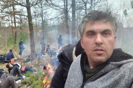 A photo taken on the Belarus-Poland border shows Umed Ahmed and other refugees struggling to survive in a forest (Umed Ahmed/Facebook)