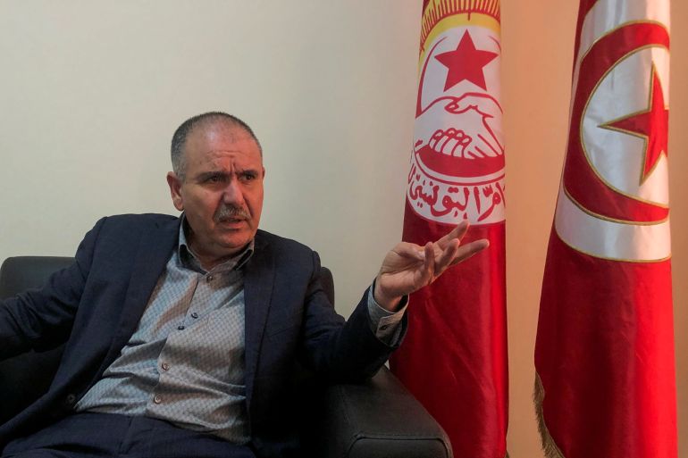 Noureddine Taboubi, Secretary General of the Tunisian General Labour Union (UGTT), speaks during an interview with Reuters in Tunis