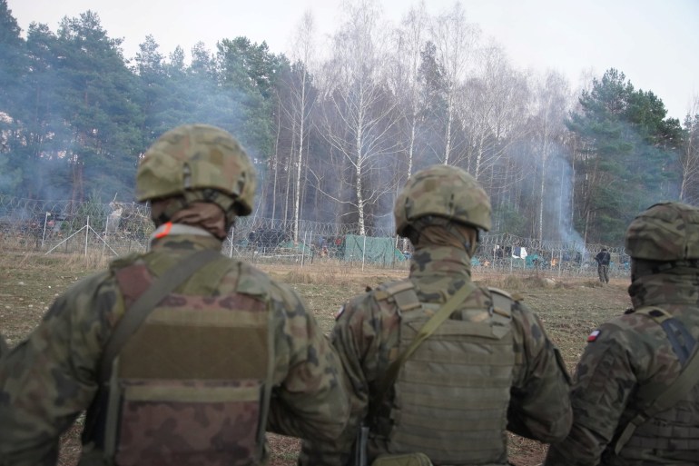 Polish soldiers stay on guard at Poland/Belarus border near Kuznica, Poland