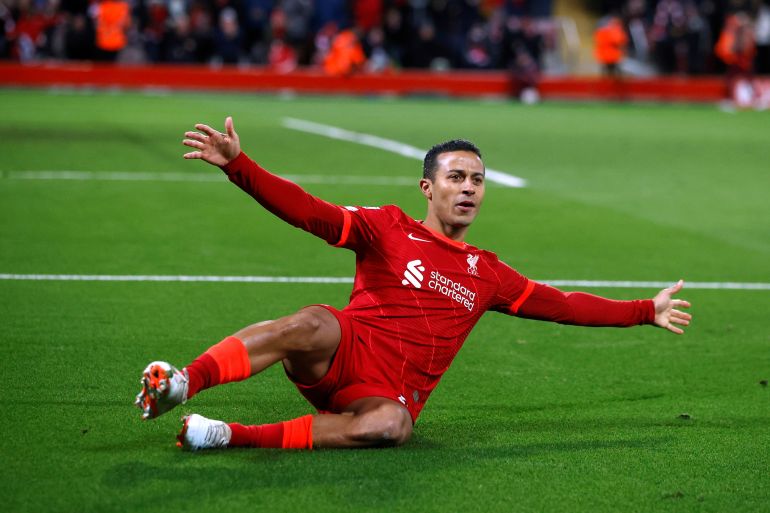 Champions League - Group B - Liverpool v FC Porto Soccer Football - Champions League - Group B - Liverpool v FC Porto - Anfield, Liverpool, Britain - November 24, 2021 Liverpool's Thiago Alcantara celebrates scoring their first goal REUTERS/Phil Noble TPX IMAGES OF THE DAY