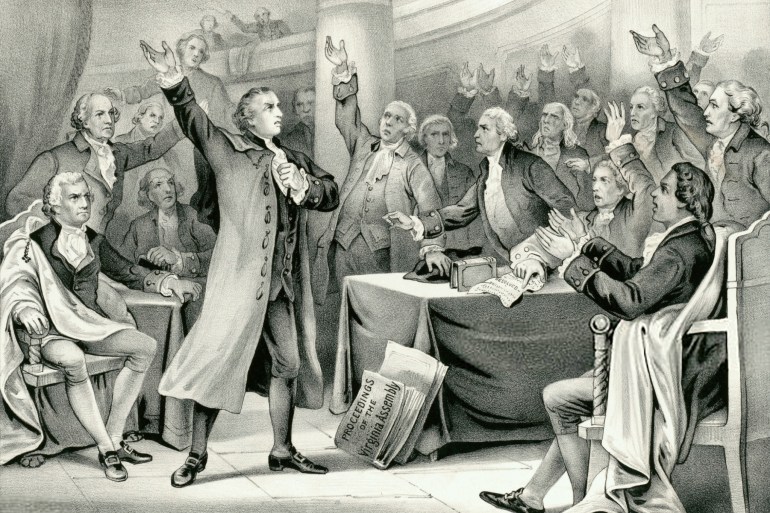 Vintage illustration features Patrick Henry delivering his speech on the rights of the colonies, before the Virginia Assembly, convened at Richmond, March 23rd 1775, concluding with "Give Me Liberty or Give Me Death" which became the war cry of the American Revolution.