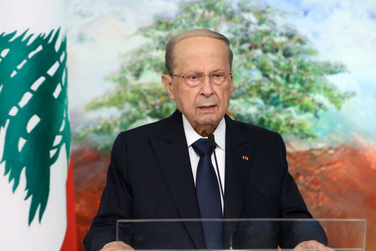 Lebanon's President Michel Aoun is seen in this handout picture released by Dalati Nohra on September 24, 2021, while addressing the United Nations General Assembly via a recorded video message, in Baabda, Lebanon. Dalati Nohra/Handout via REUTERS ATTENTION EDITORS - THIS IMAGE WAS PROVIDED BY A THIRD PARTY