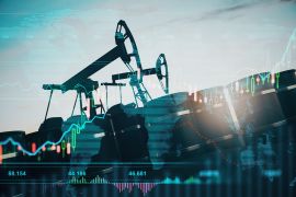 Oil pumping machinery in operation with barrels and digital screen with world map and financial chart graphs and indicators, natural resources stock market concept. Double exposure; Shutterstock ID 1982751314; purchase_order: ajnet; job: ; client: ; other: