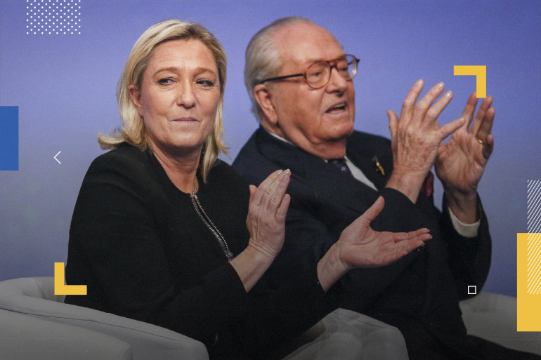 File photo of Marine Le Pen, France's National Front political party leader, and her father Jean-Marie Le Pen during their party congress in Lyon