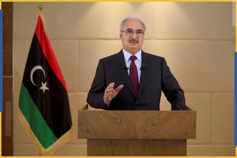 Libya's eastern commander Khalifa Haftar speaks as he annouces election bid in this still image obtained from an undated handout video. Libyan National Army/Handout via REUTERS THIS IMAGE HAS BEEN SUPPLIED BY A THIRD PARTY