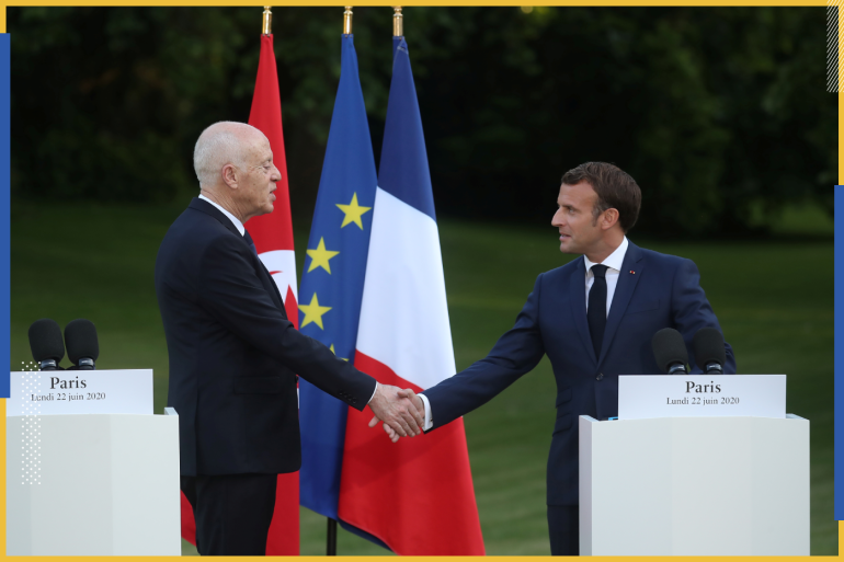 French President Emmanuel Macron and Tunisian President Kais Saied during a joint news conference after their meeting at the Elysee Palace in Paris, France, June 22, 2020. Christophe Petit Tesson/Pool via REUTERS