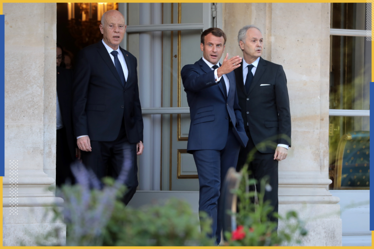 French President Emmanuel Macron and Tunisian President Kais Saied arrive for a joint news conference after their meeting at the Elysee Palace in Paris, France, June 22, 2020. Christophe Petit Tesson/Pool via REUTERS