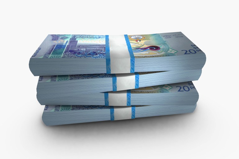 3D illustration of Kuwaiti dinar bills stacks background