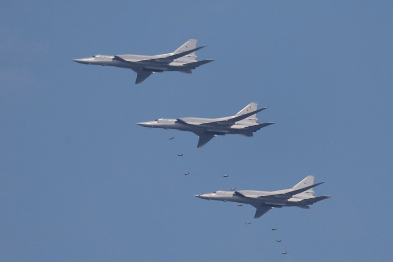Tupolev Tu-22 M3 strategic bombers drop bombs during the Aviadarts competition, as part of the International Army Games 2018, outside Ryazan