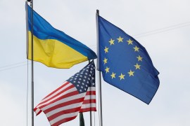 Flags of European Union, Ukraine and the U.S. fly in central Kiev