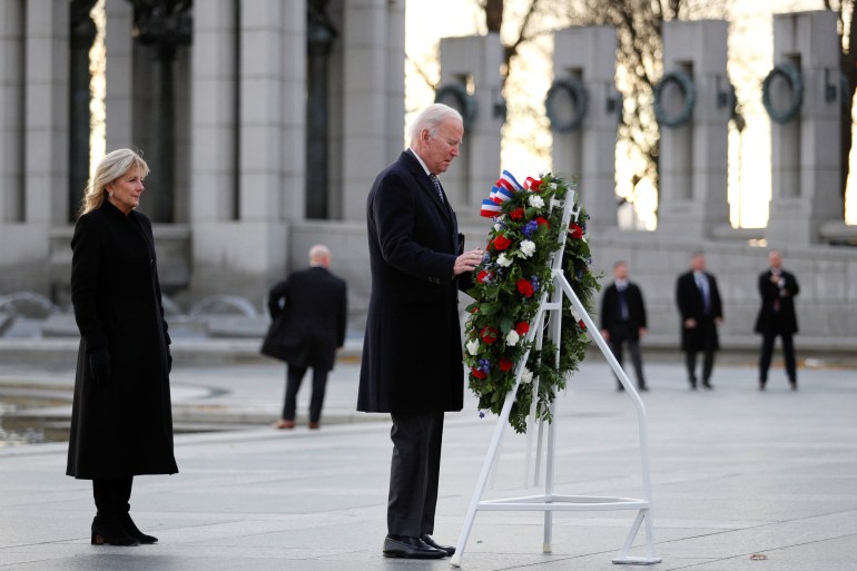 President Biden visits World War Two Memorial on the National Mall in Washington