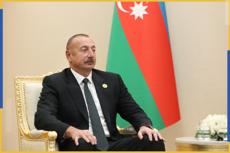 Ilham Aliyev and Ebrahim Raisi​​​​​​​ meeting​​​​​​​- - ASHGABAT, TURKMENISTAN - NOVEMBER 28: (----EDITORIAL USE ONLY – MANDATORY CREDIT - "PRESIDENCY OF IRAN / HANDOUT" - NO MARKETING NO ADVERTISING CAMPAIGNS - DISTRIBUTED AS A SERVICE TO CLIENTS----) President of Azerbaijan Ilham Aliyev meets Iranian President Ebrahim Raisi (not seen) within the 15th Summit of Economic Cooperation Organization in Ashgabat, Turkmenistan on November 28, 2021.