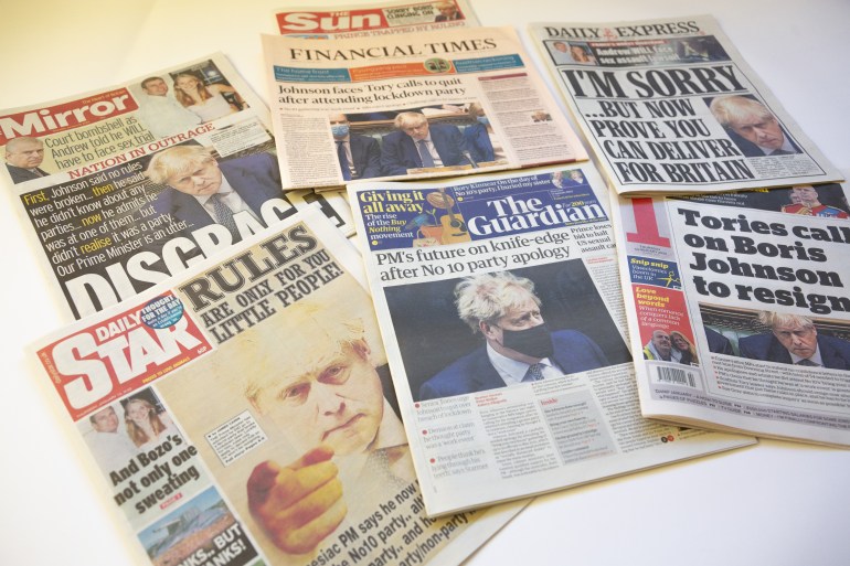 Headlines of British newspapers after Boris Johnson's apology for flouting coronavirus lockdown rules by holding a garden party in 2020